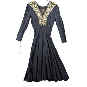 Nancy Johnson Flare Ruffle Blk Maxi Dress 6 Pearl Floral Lace Long Slv Y2k‎ NWT